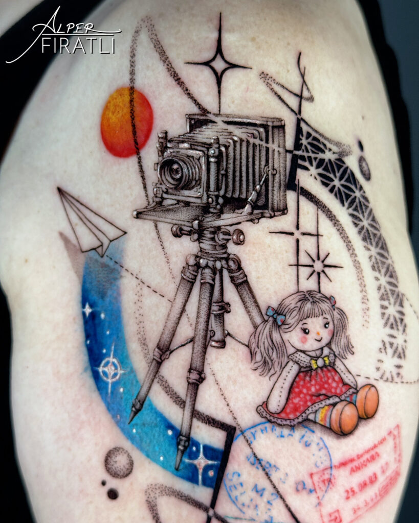 memorial tattoo - camera & doll tattoo